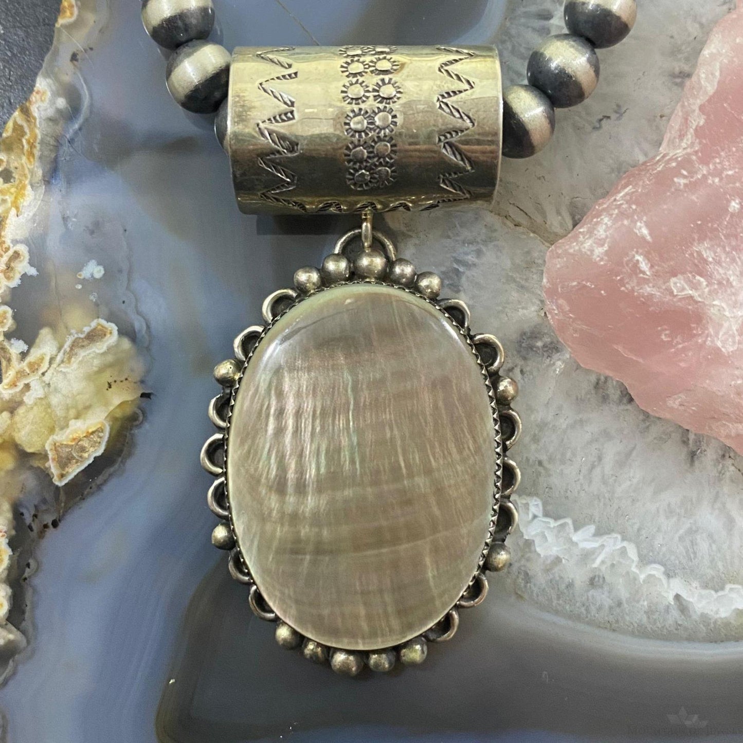 Juan Guerro Native American Sterling Silver Large Mother of Pearl Pendant
