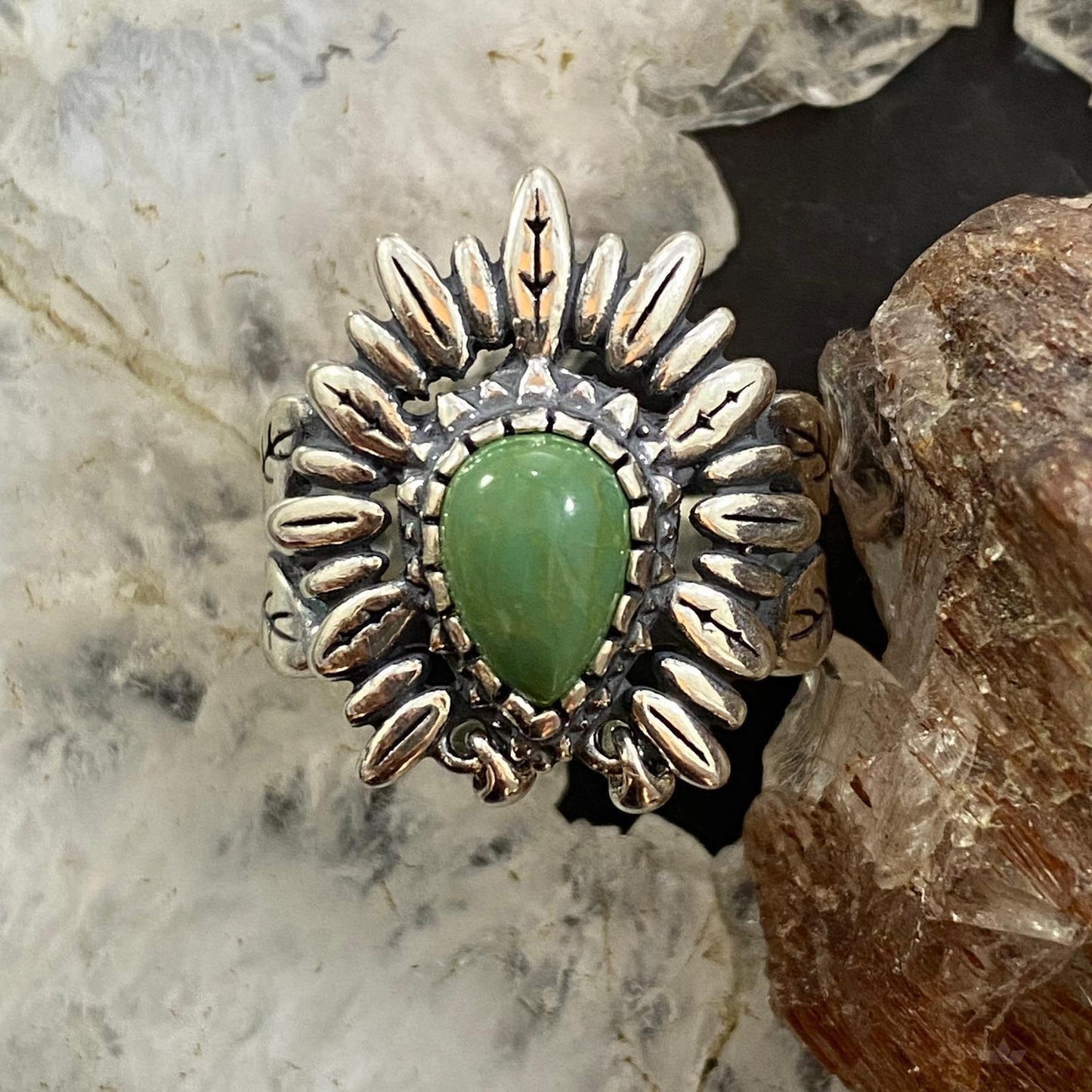 Carolyn Pollack Southwestern Style Sterling Silver Green Turquoise Chief Feather Headdress Ring For Women