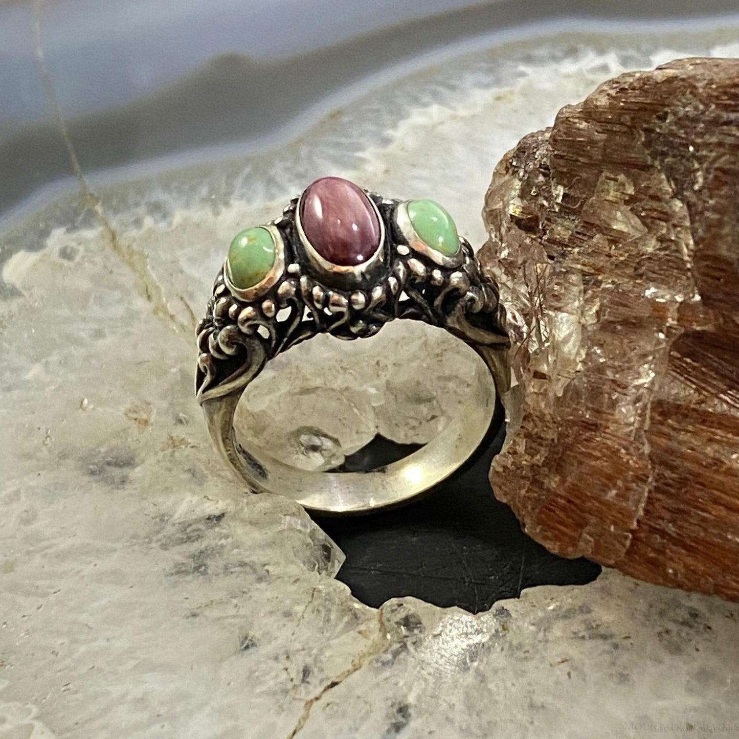 Carolyn Pollack Southwestern Style Sterling Silver Purple Spiny Oyster & Green Turquoise Ring For Women