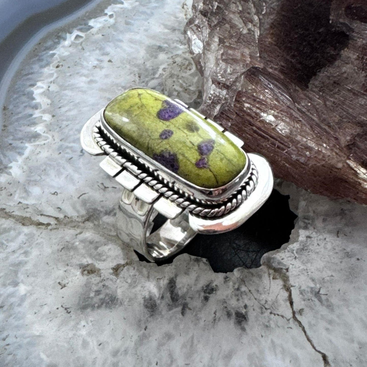 Sterling Silver Southwestern Style Atlantisite Decorated Bar Ring Size 8.5 For Women