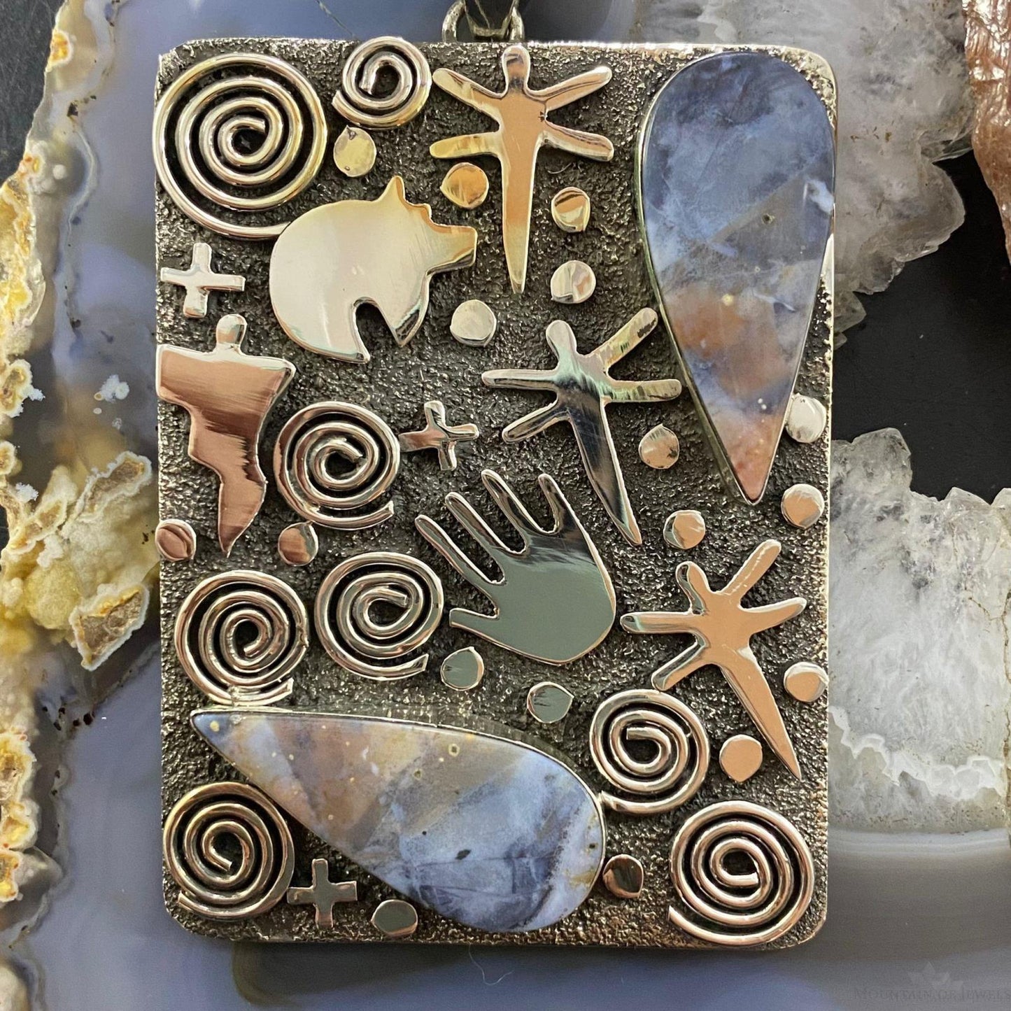 Alex Sanchez Sterling Silver Teardrop Purple Agate Rectangle Petroglyph Pendant