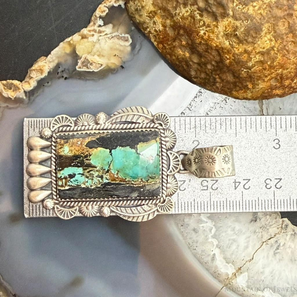 Sterling Silver Southwestern Style Rectangle Blackjack Turquoise Decorated Pendant #2