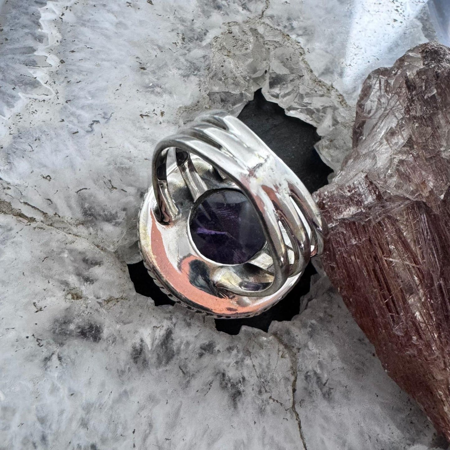 Sterling Silver Southwestern Style Round Amethyst Decorated Ring Size 8.75 For Women
