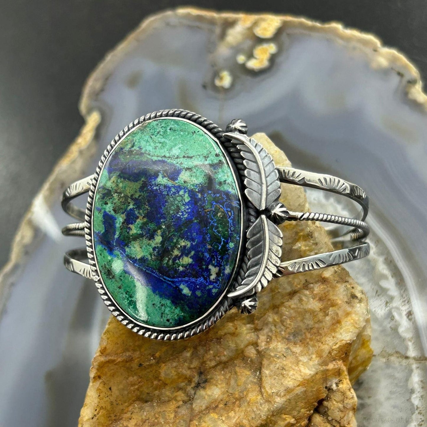 Sterling Silver Southwestern Style Oval Azurite Decorated Bracelet For Women