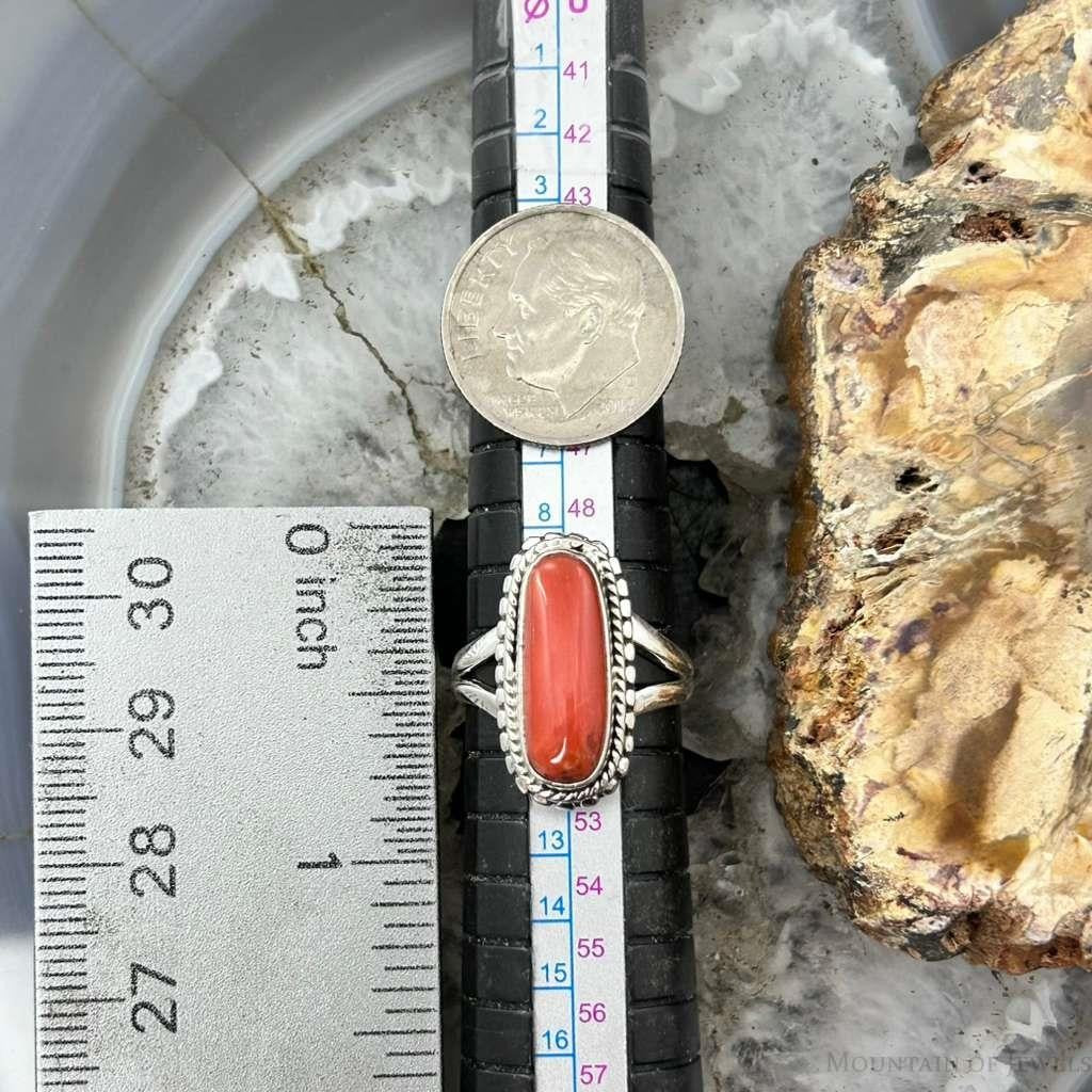 Sterling Silver Southwestern Style Coral Decorated Ring Size 5.75 For Women