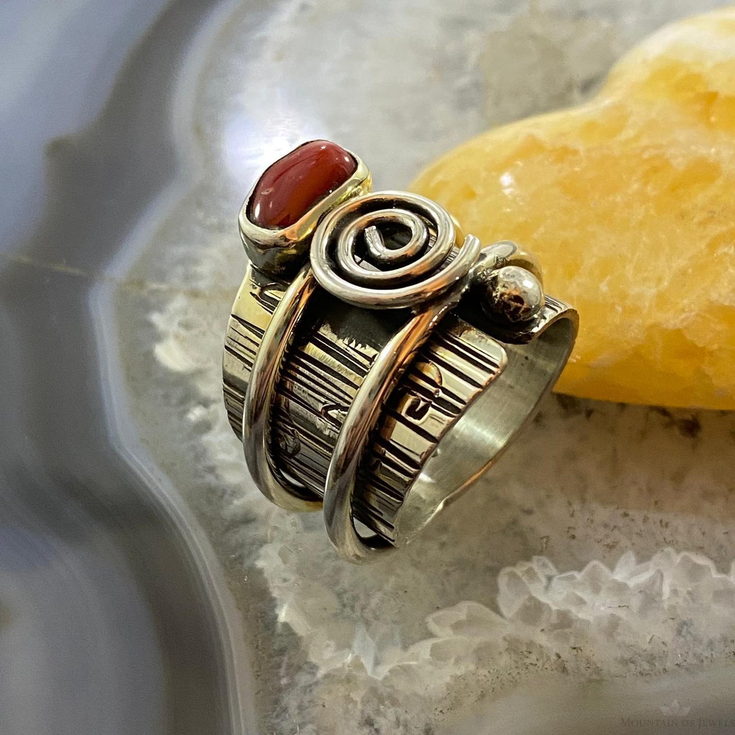 Alex Sanchez Sterling Silver Coral Unique Petroglyph Band Ring Sz 8.75 For Women