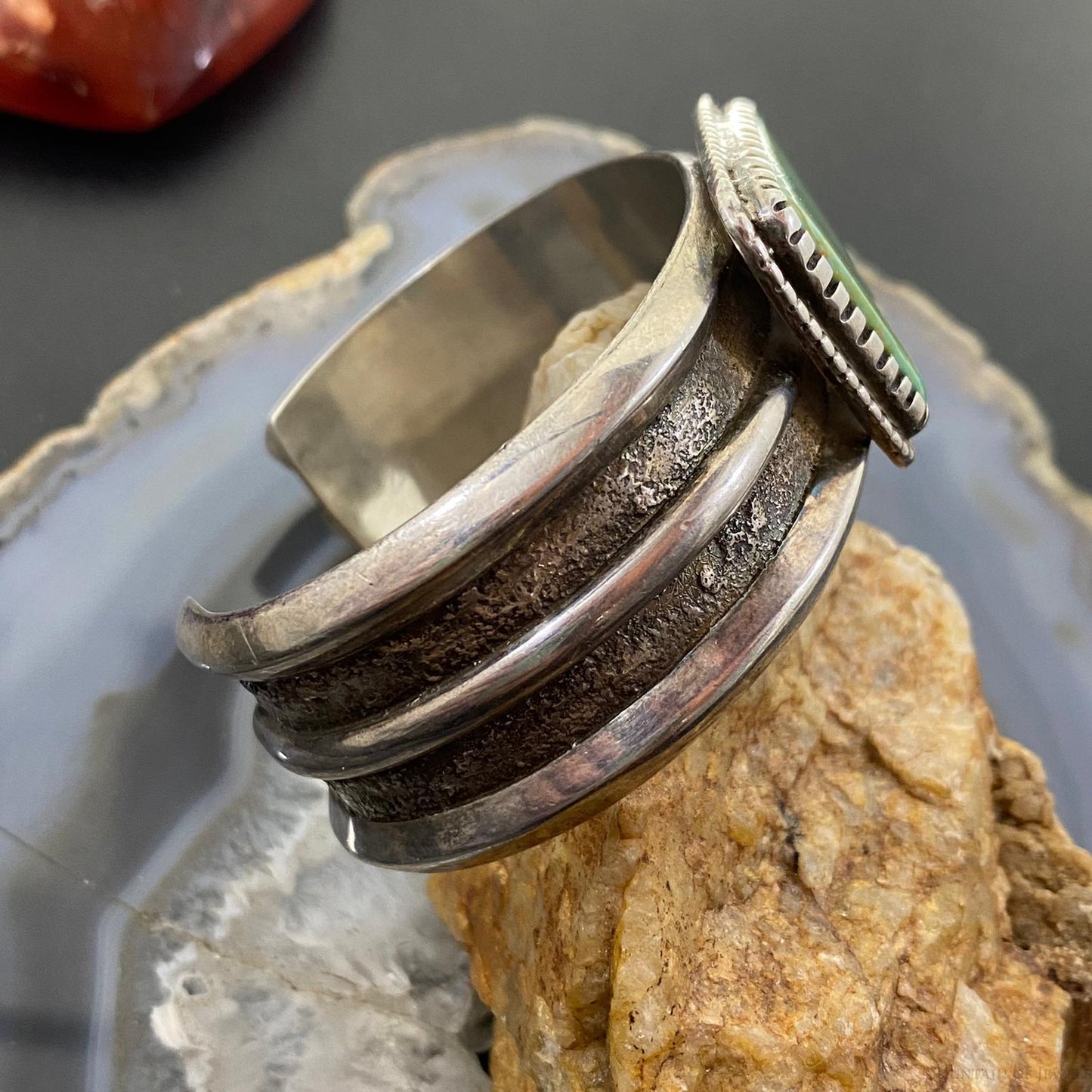 Vintage Native American Silver Trapeze Green Turquoise Solid Unisex Bracelet