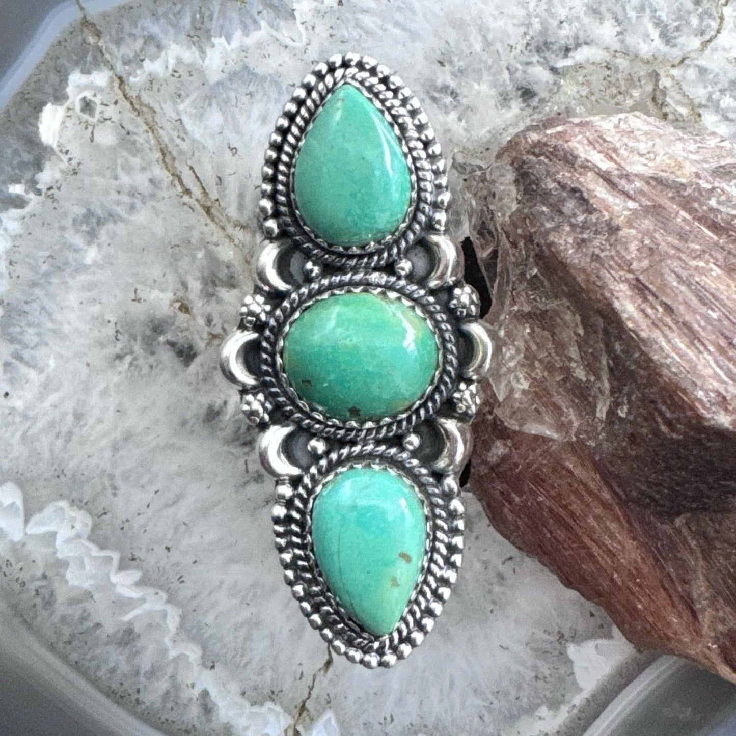 Sterling Silver Southwestern Style 3 Green Turquoise Adjustable Ring For Women