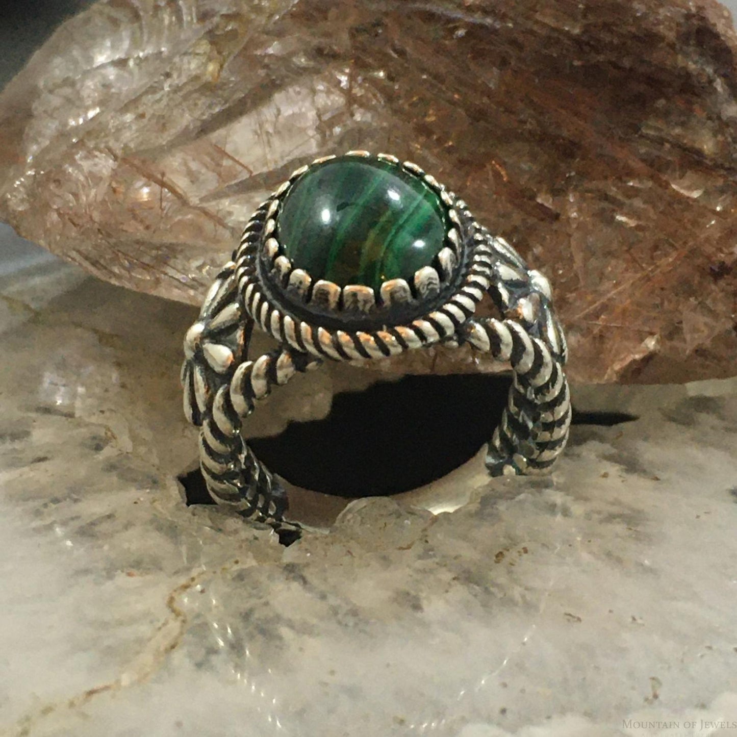 Carolyn Pollack Vintage Southwestern Style Sterling Silver Oval Malachite Decorated Ring For Women