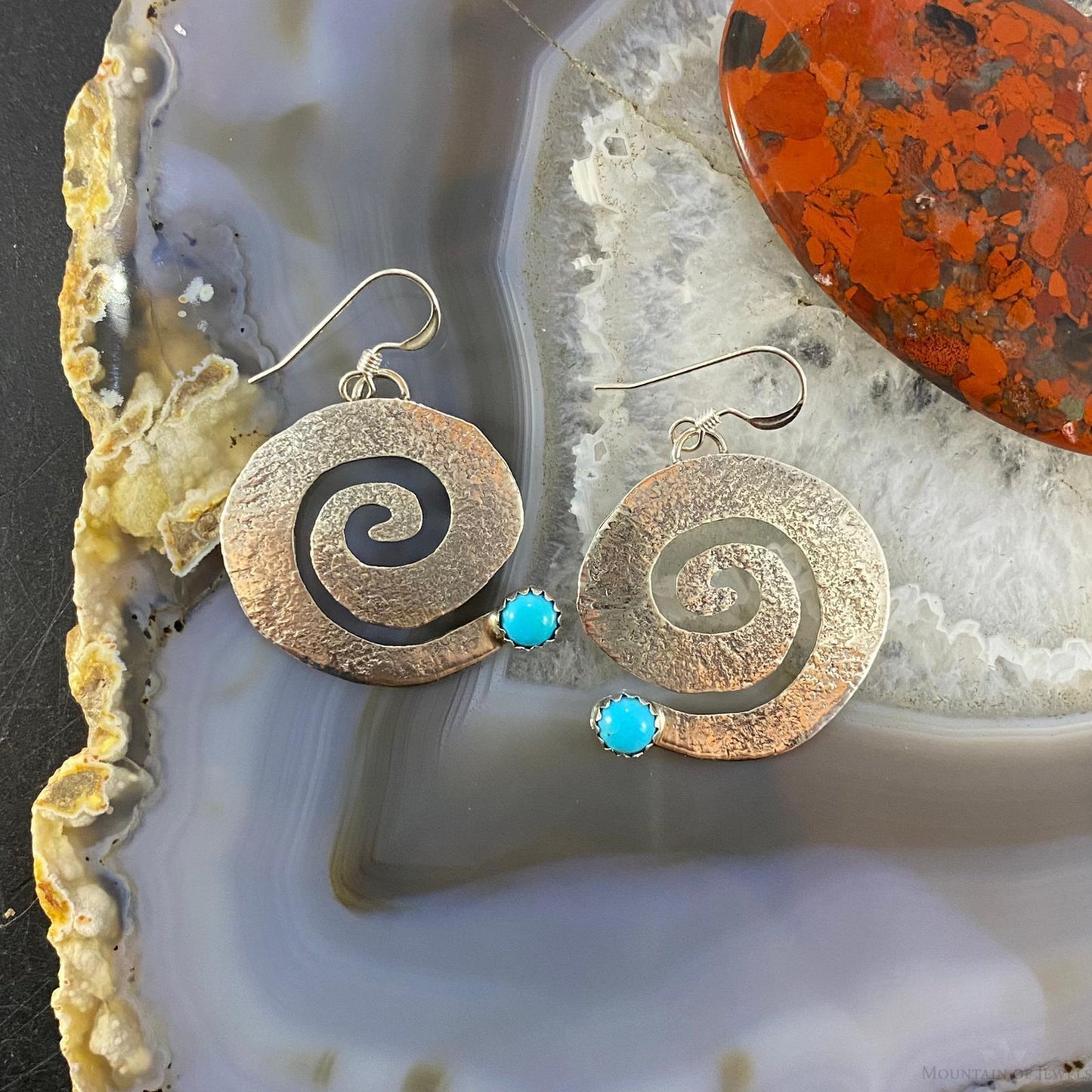 Brad Panteah Native American Sterling Turquoise Hammered Spiral Dangle Earrings