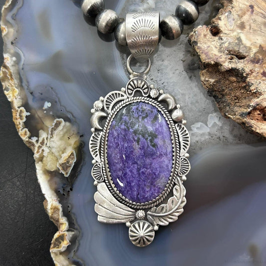 Sterling Silver Southwestern Style Oval Charoite Decorated Pendant For Women