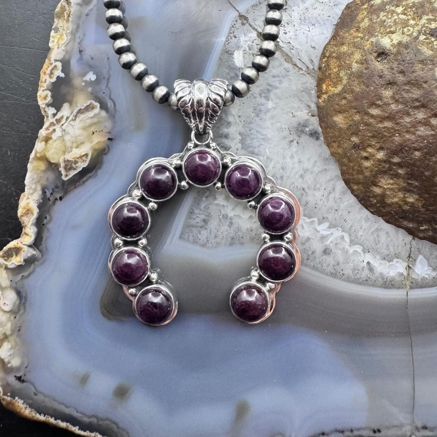 Native American Sterling Silver Rounded Purple Spiny Oyster Naja Pendant For Women