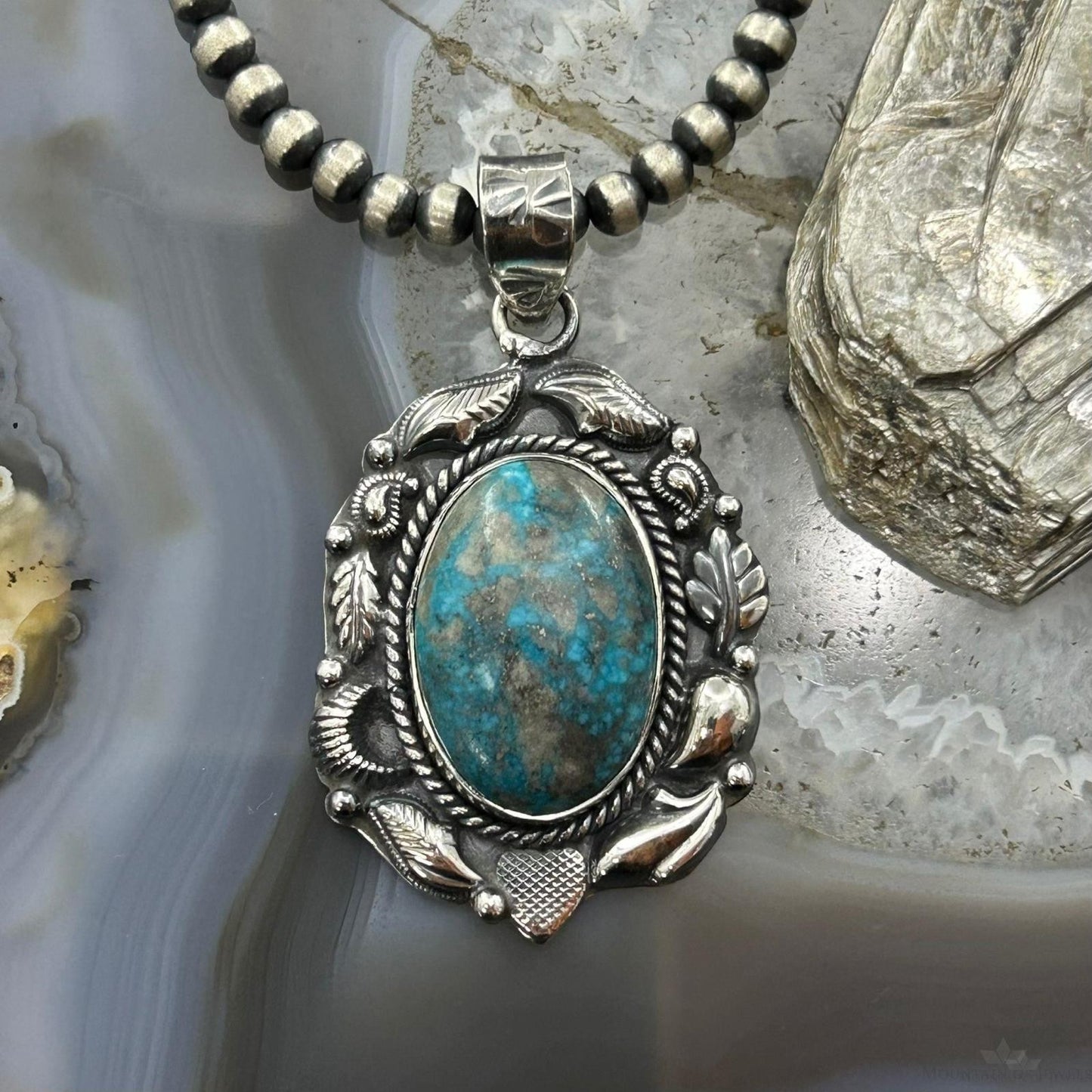 Sterling Silver Southwestern Style Oval Turquoise Decorated Pendant For Women
