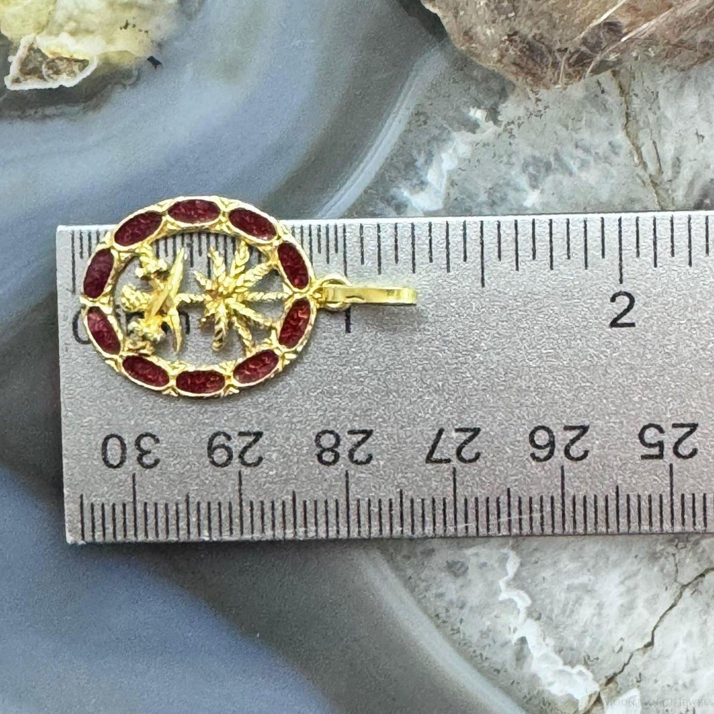 18K Yellow Gold Arab Date Tree with Swords and Red Gem Unisex Pendant