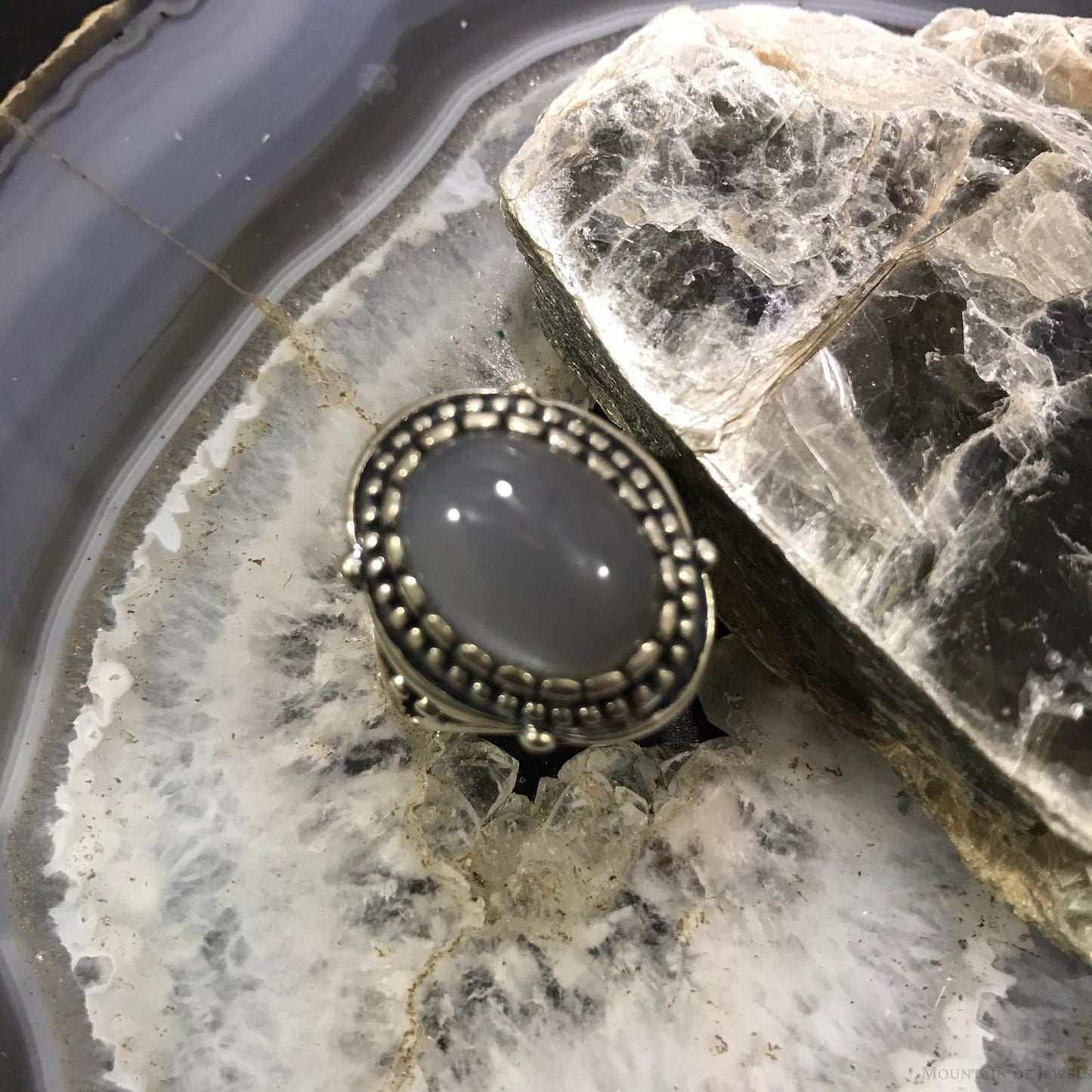Carolyn Pollack Sterling Silver Oval Gray Agate Decorated Ring Size 9 For Women
