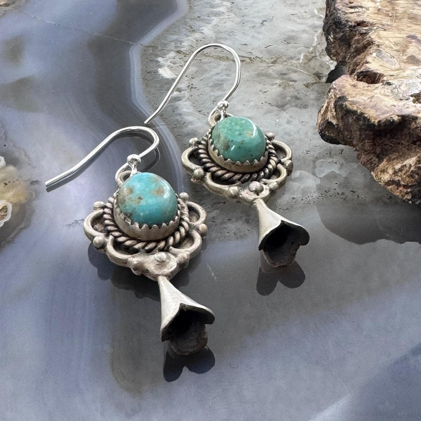 Sterling Silver Southwestern Style Turquoise Squash Blossom Decorated Dangle Earrings For Women