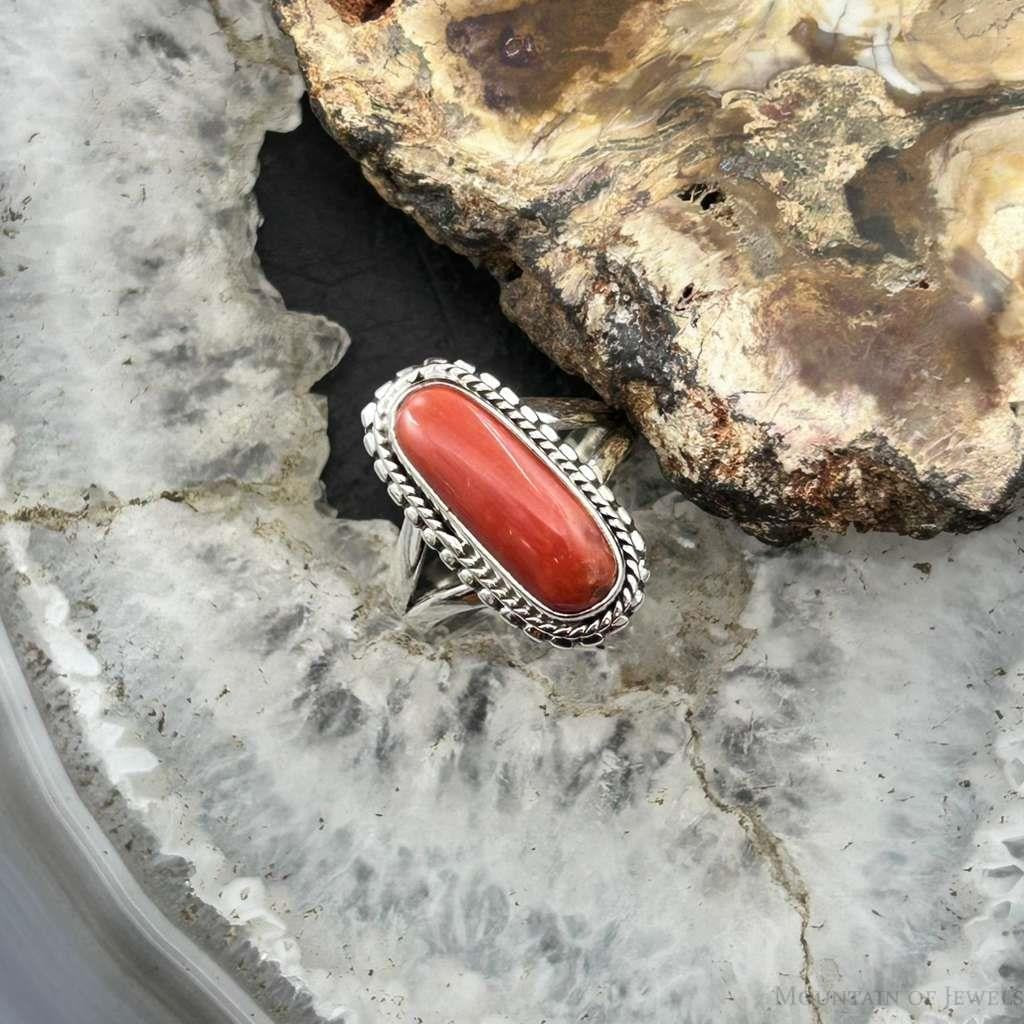 Sterling Silver Southwestern Style Coral Decorated Ring Size 5.75 For Women