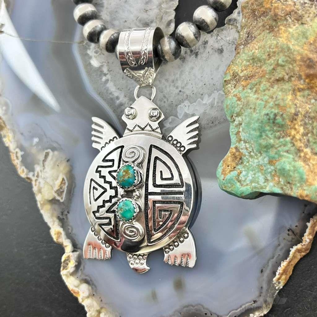 Alonzo Mariano Sterling Silver Overlay Turtle & 2 Turquoise Unisex Pendant #1