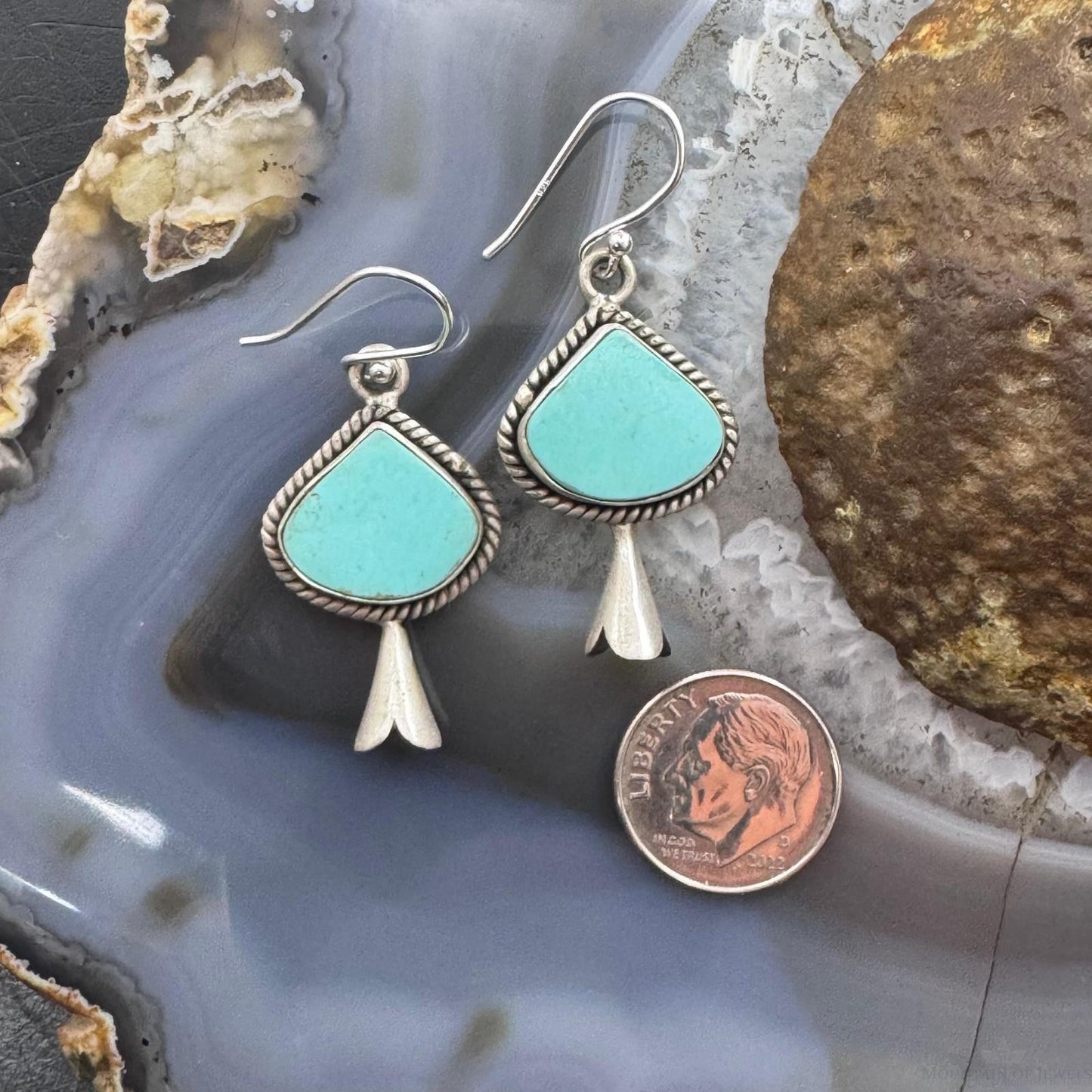 Sterling Silver Southwestern Style Turquoise Squash Blossom Dangle Earrings For Women