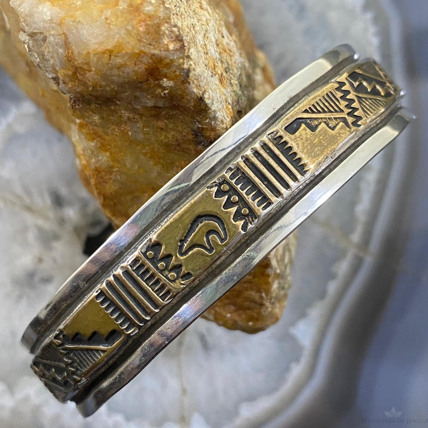 Vintage Native American Sterling Silver & GF Stamped Bear and SW Motif Bracelet