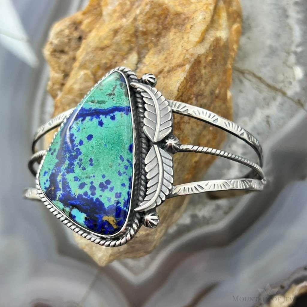 Sterling Silver Southwestern Style Large Triangle Azurite Decorated Bracelet For Women