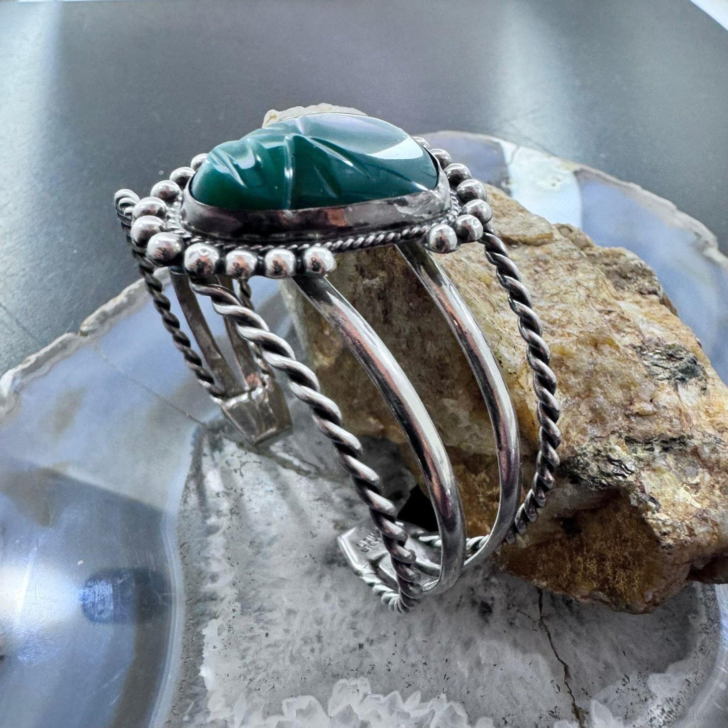 Vintage Mexican Sterling Silver Curved Tribal Mask Face Green Onyx Bracelet For Women