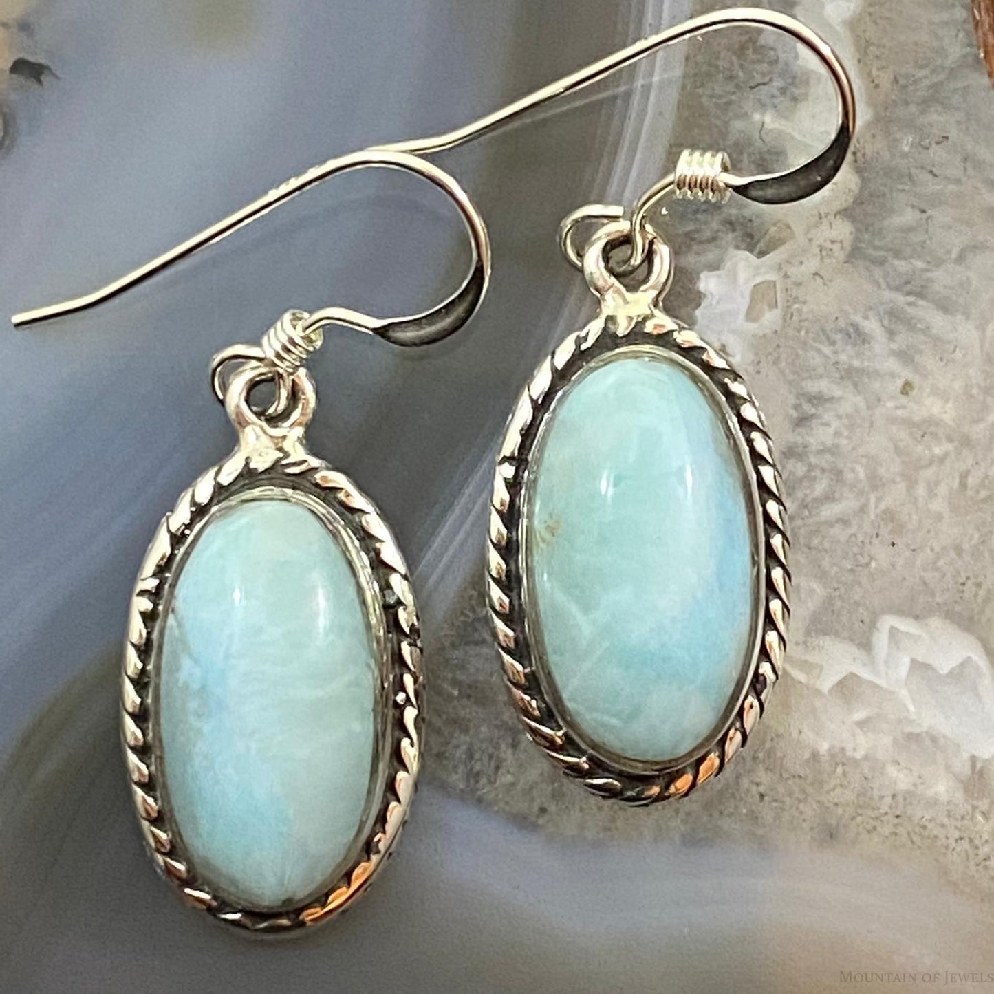 Native American Sterling Silver Oval Larimar Dangle Earrings For Women
