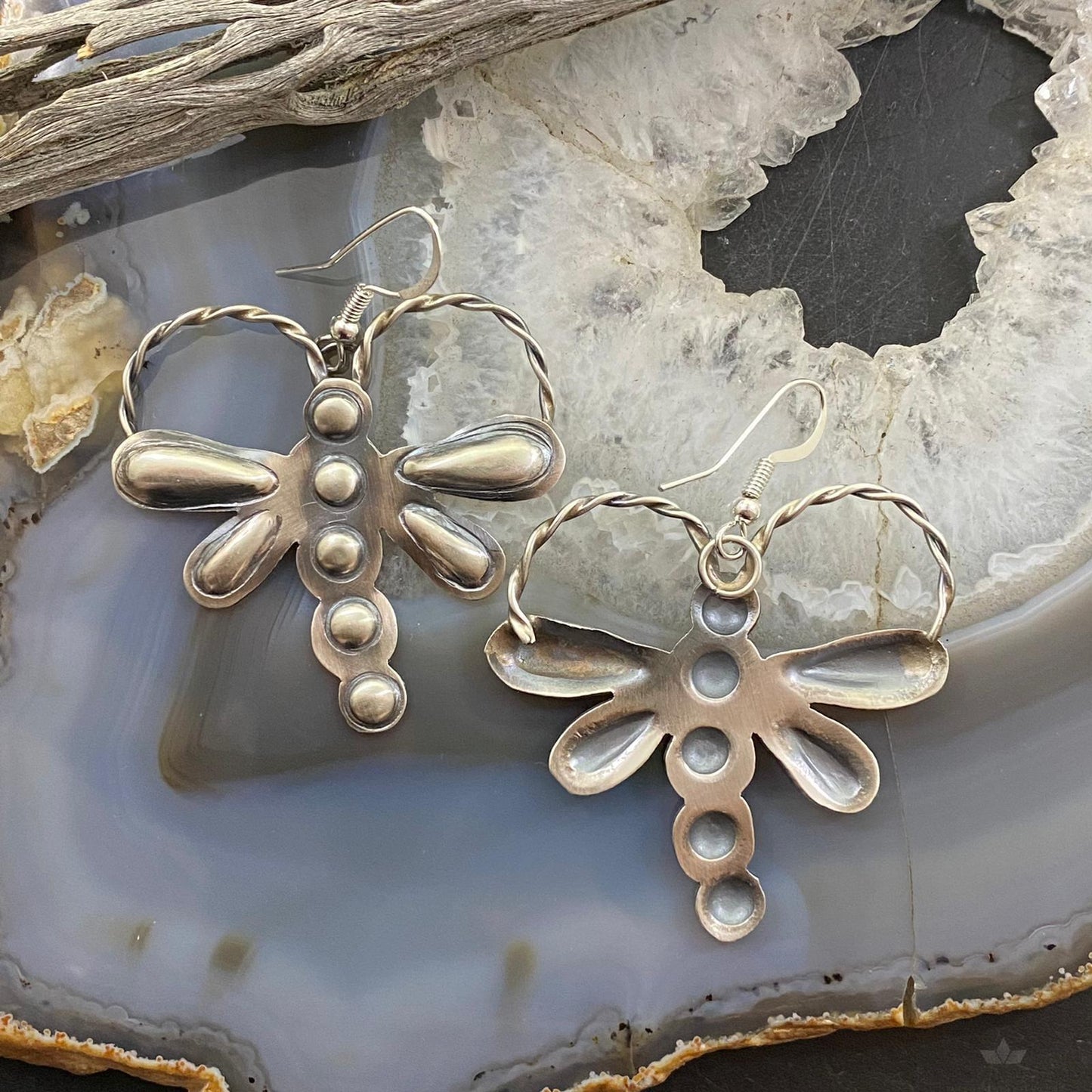 Sterling Silver Repousse Dragonfly Dangle Earrings For Women