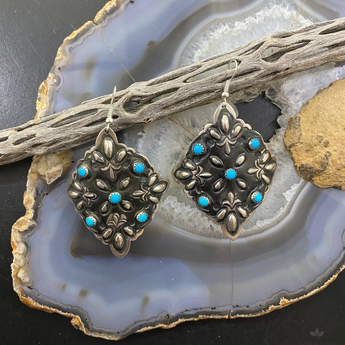 Leander Tahe Sterling Silver Turquoise Floral Repousse Square Concho Earrings