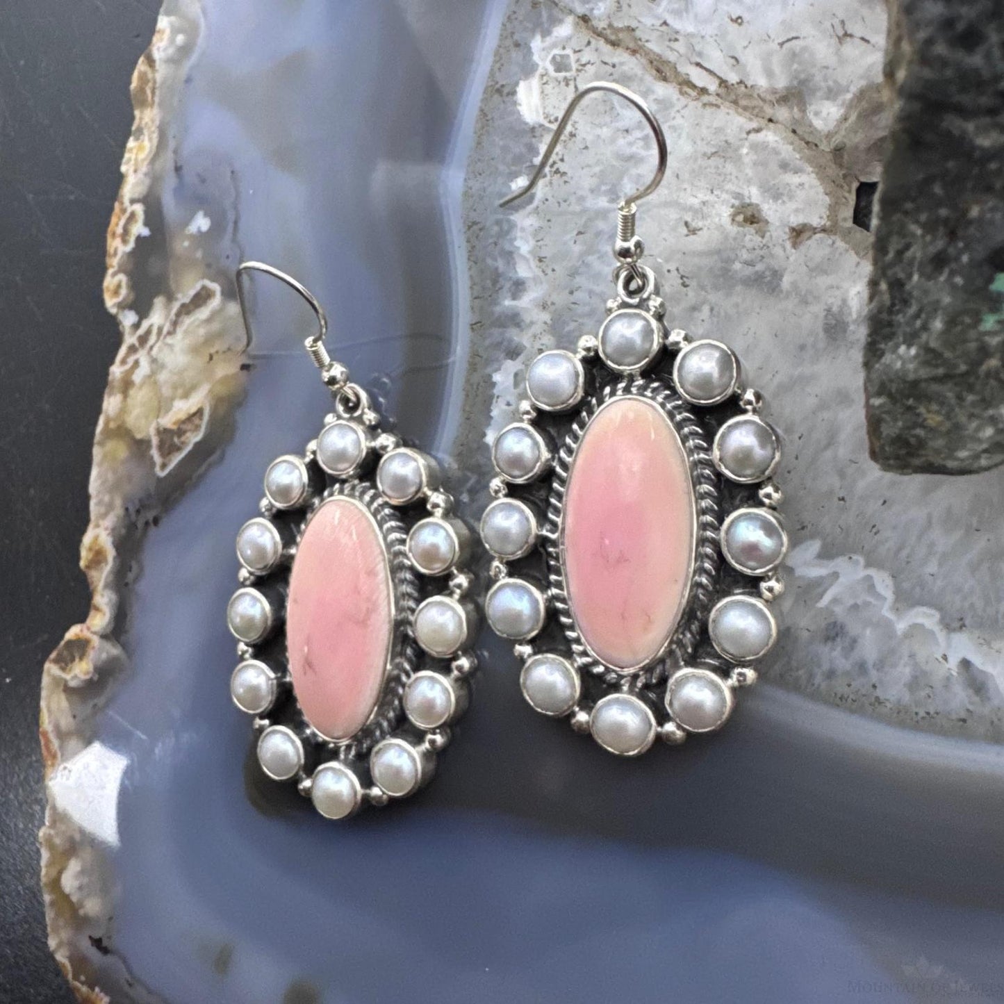 Native American Sterling Silver Oval Pink Conch w/Gray Pearls Dangle Earrings For Women