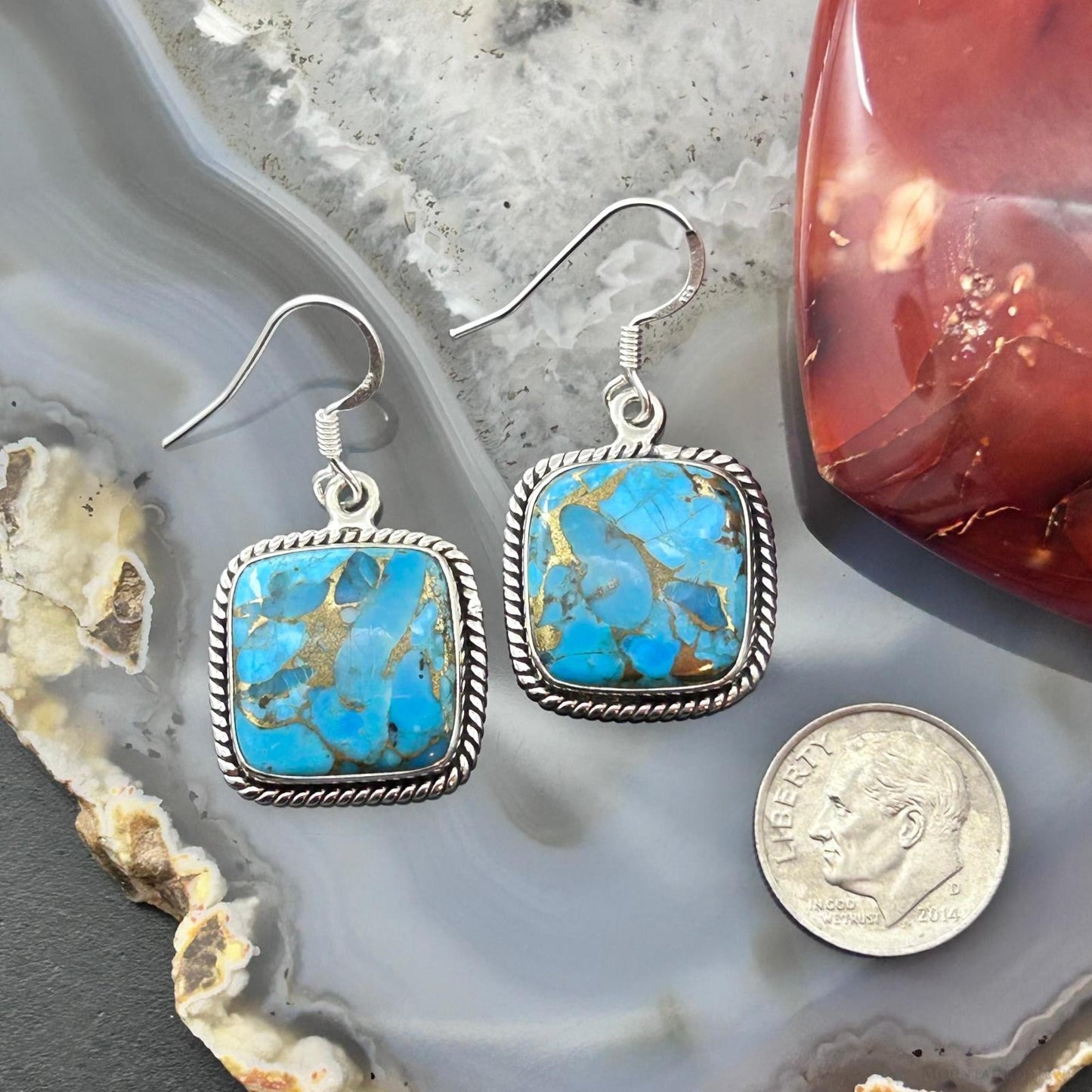 Sterling Silver Southwestern Style Blue Copper Turquoise Dangle Earrings For Women