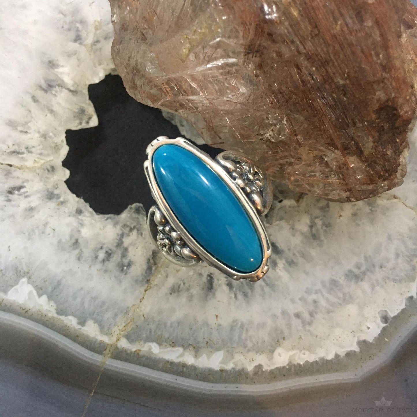 Carolyn Pollack Southwestern Style Sterling Silver Elongated Oval Turquoise Decorated Ring For Women
