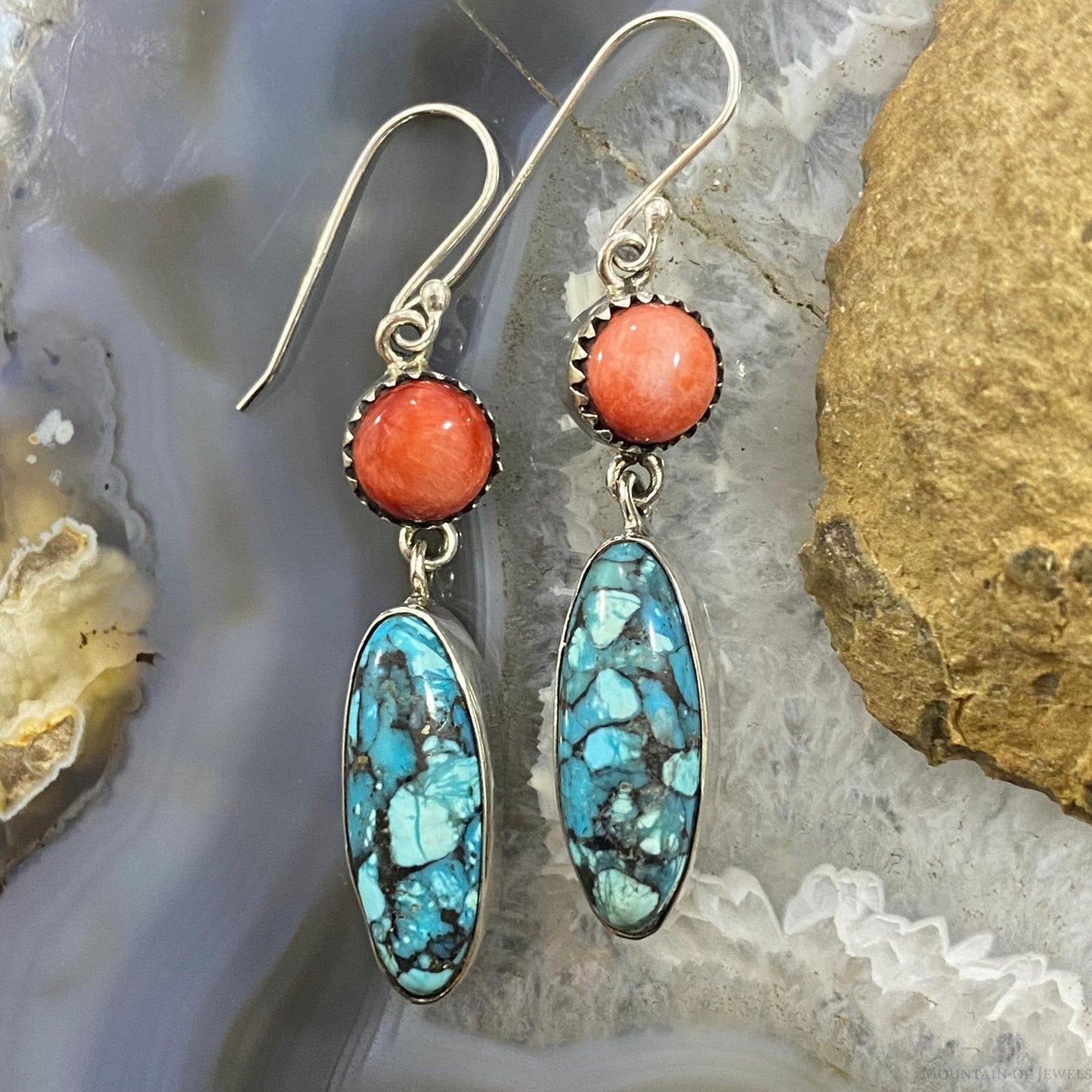 Native American Sterling Spiny Oyster & Oval Mosaic Turquoise Dangle Earrings