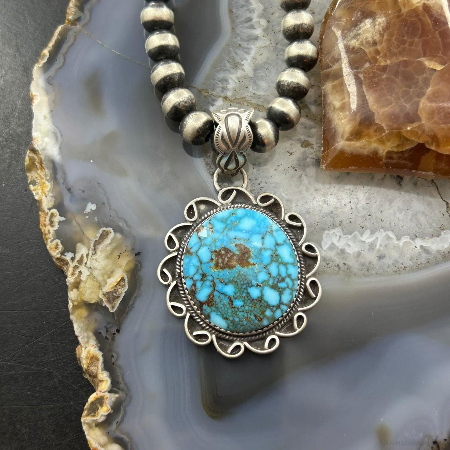 Sterling Silver Southwestern Style Round High Grade Kingman Turquoise Pendant For Women
