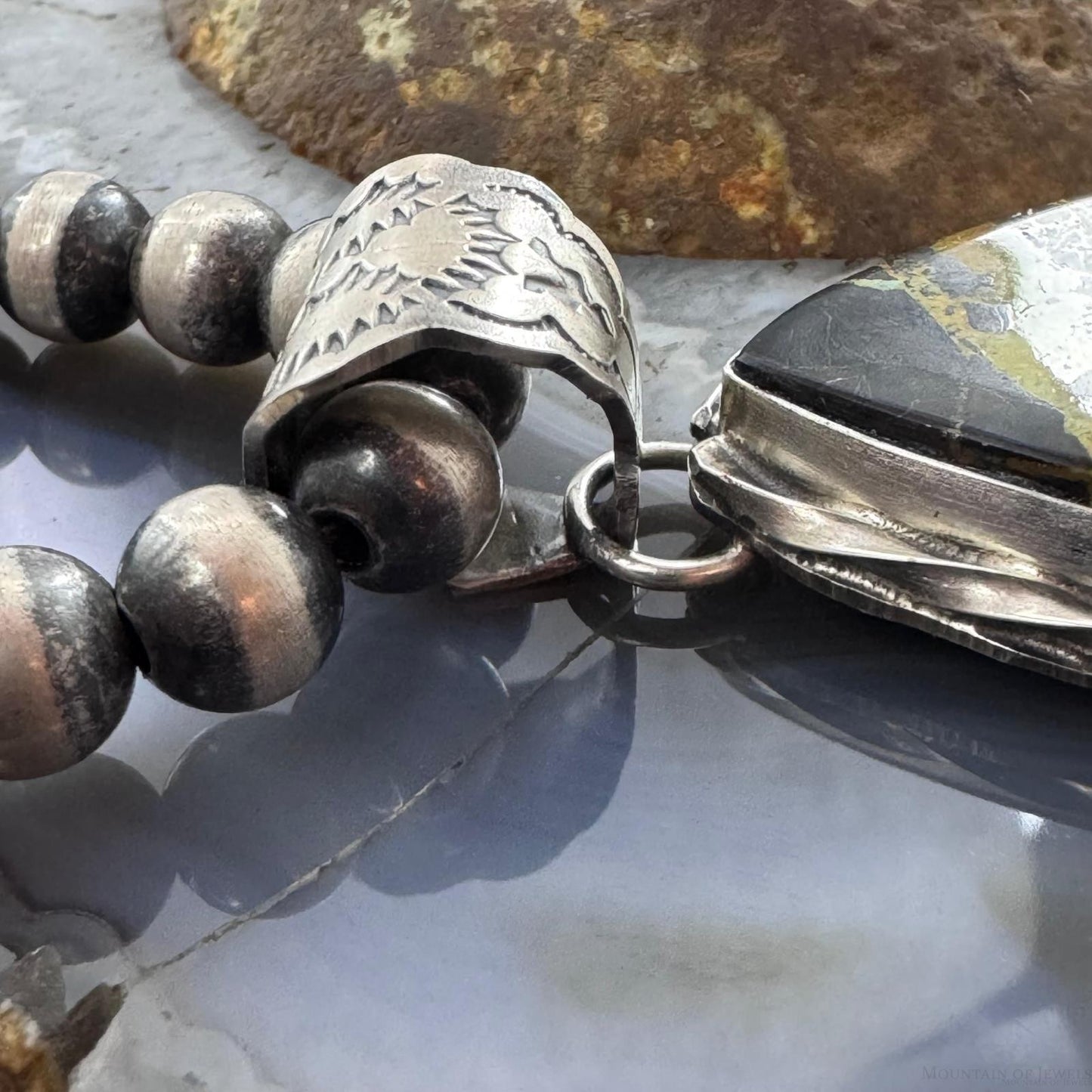 Native American Sterling Silver Teardrop Black Jack Decorated Pendant For Women