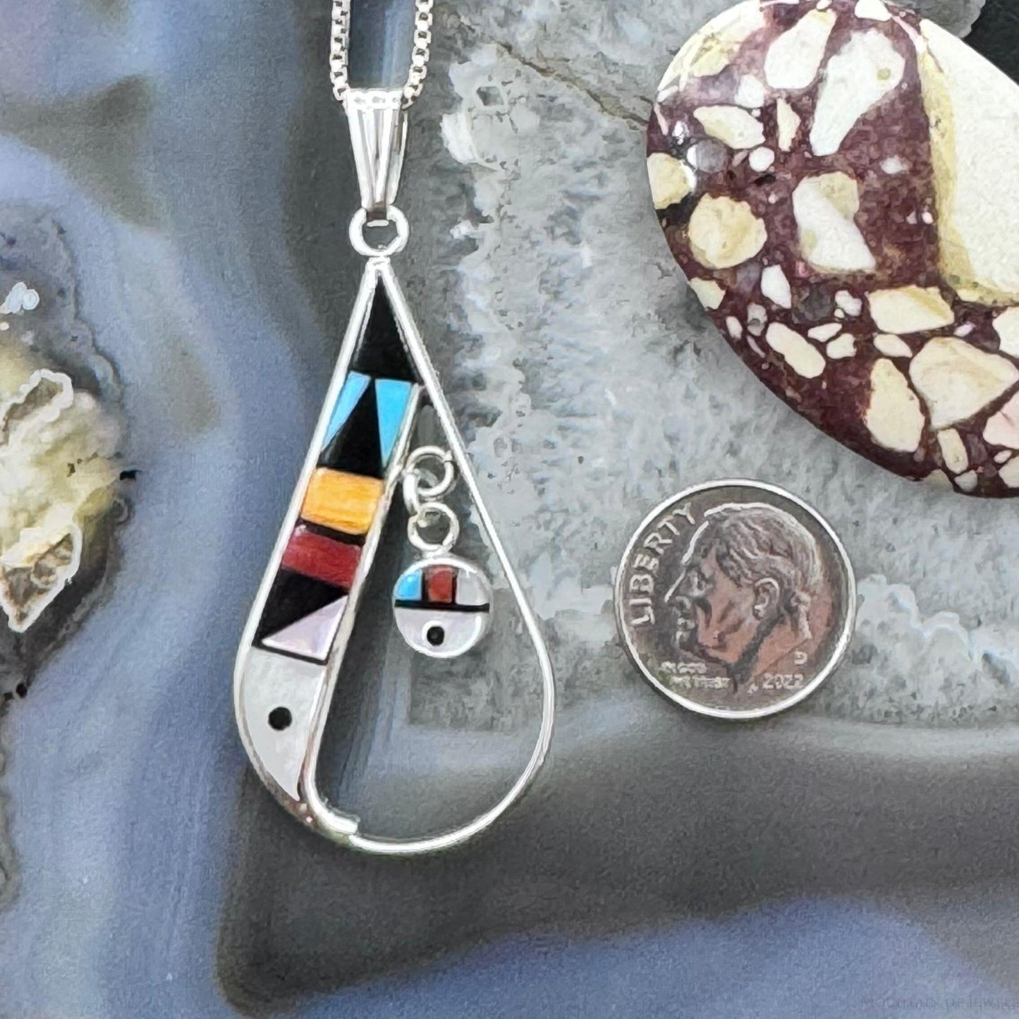 Sheryl Edaakie Zuni Sterling Silver Multistone Inlay Teardrop Pendant For Women #3