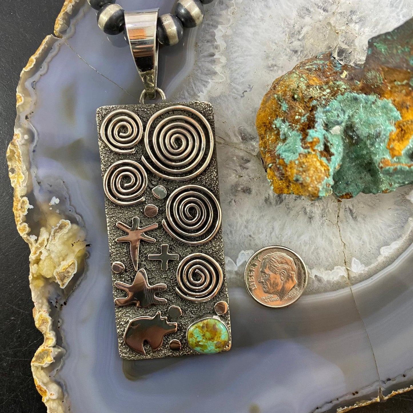 Alex Sanchez Sterling Silver Turquoise Rectangle Petroglyph Unisex Pendant