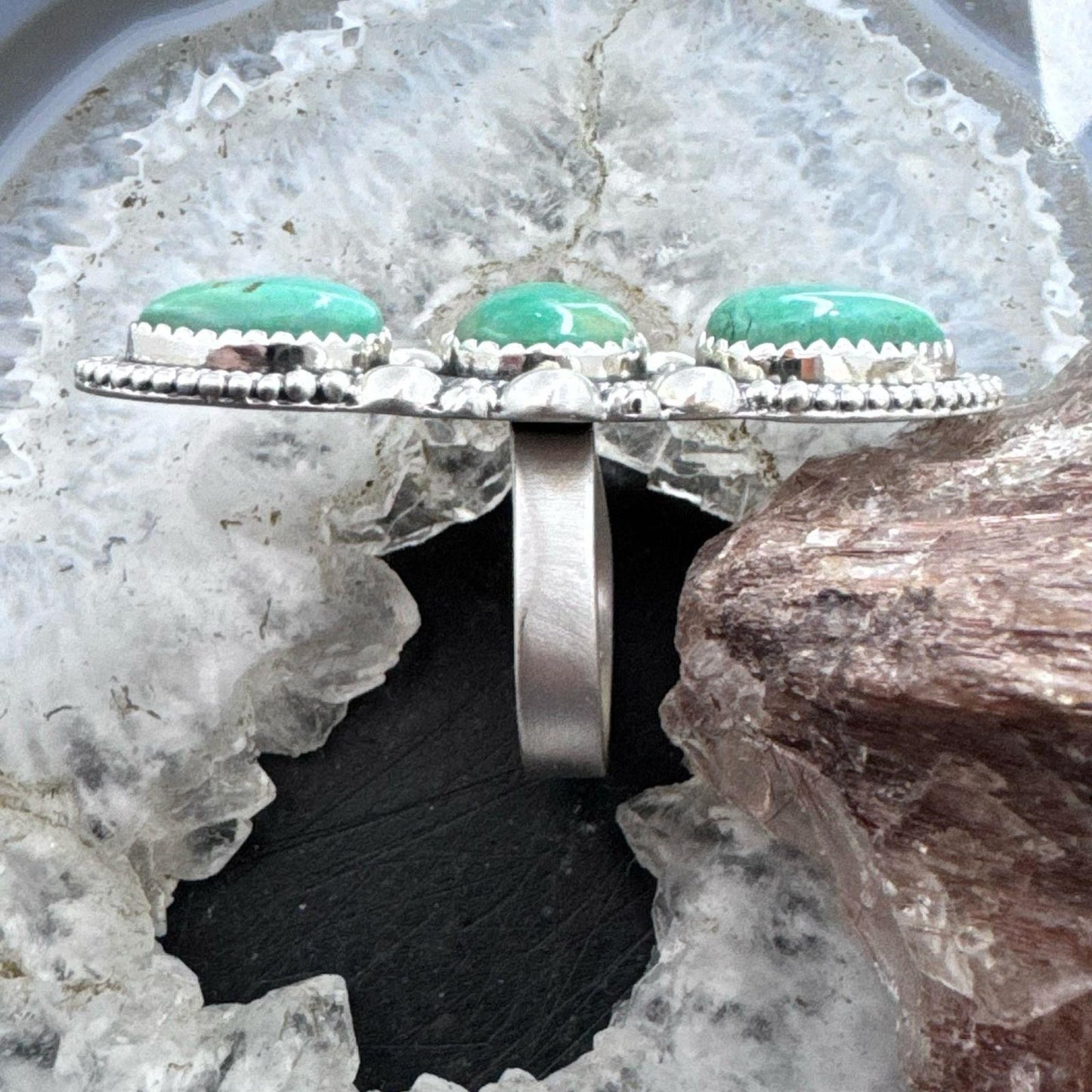 Sterling Silver Southwestern Style 3 Green Turquoise Adjustable Ring For Women