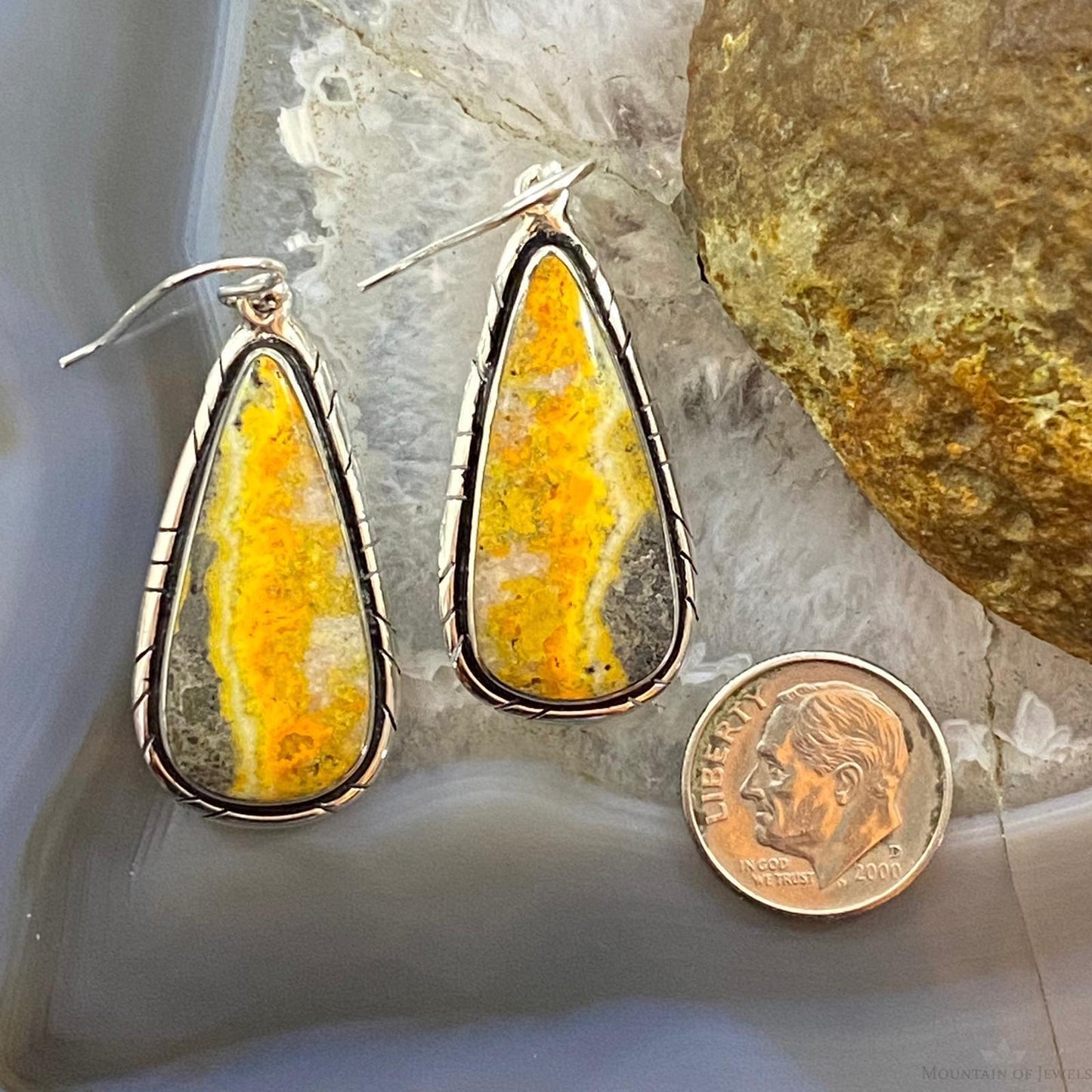 Native American Sterling Teardrop Bumblebee Jasper Dangle Earrings For Women