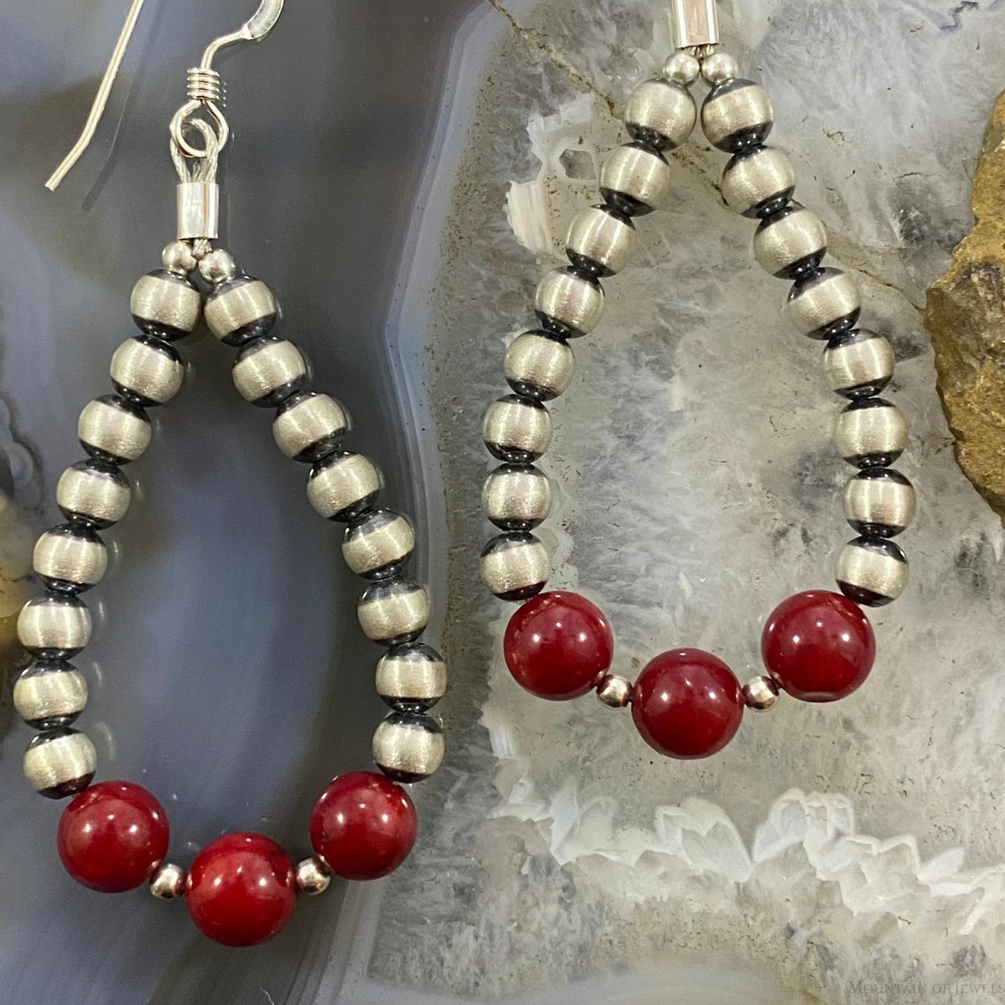 Navajo Pearl & Bamboo Coral Bead Graduated 4-6 mm Sterling Hoop Dangle Earrings