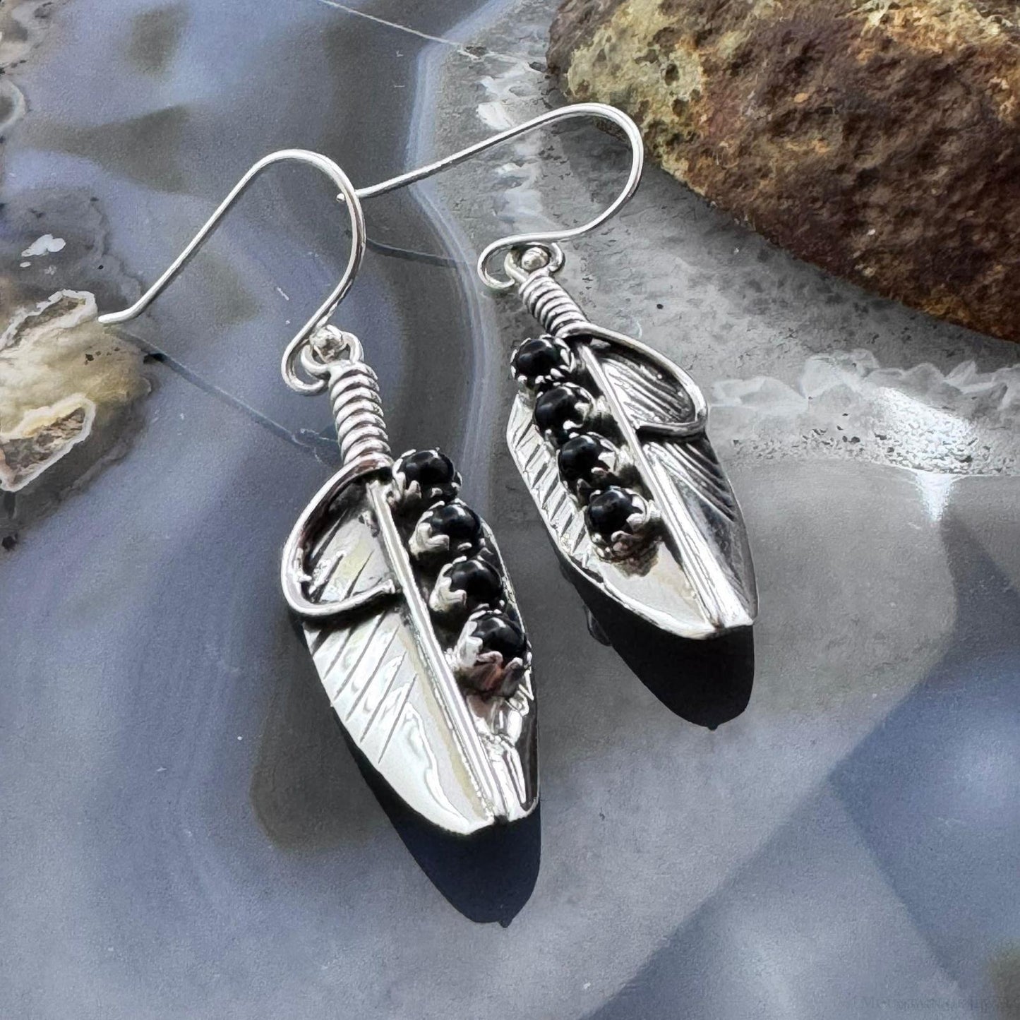 Sterling Silver Southwestern Style 4 Onyx Dots Feather Dangle Earrings For Women
