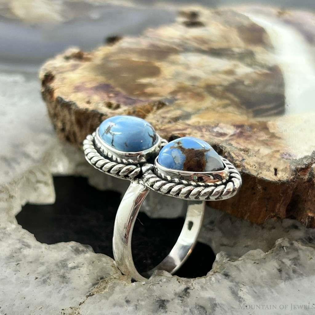 Sterling Silver Southwestern Style Teardrop Double Golden Hill Turquoise Ring Size 8 For Women