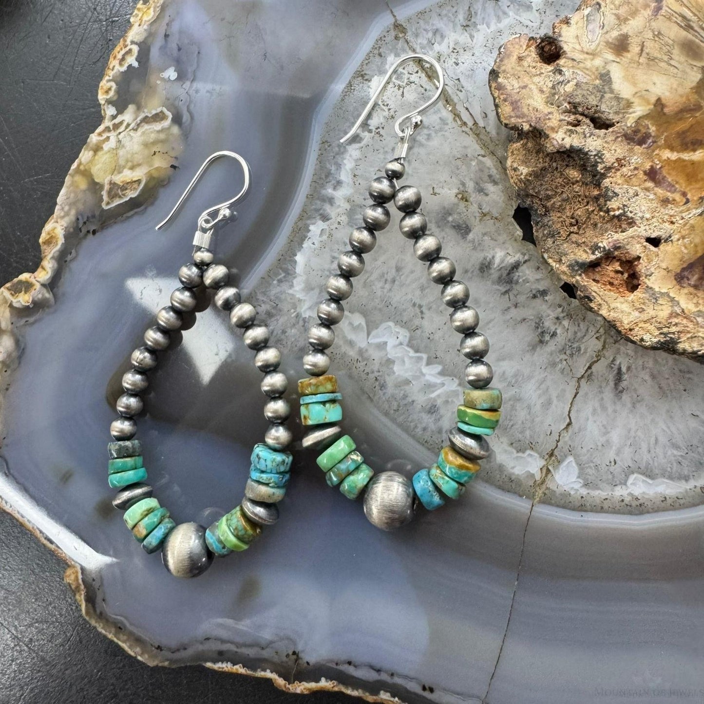 Sterling Silver 4-8mm Navajo Pearl Southwester Style & Turquoise Bead Hoop Earrings For Women
