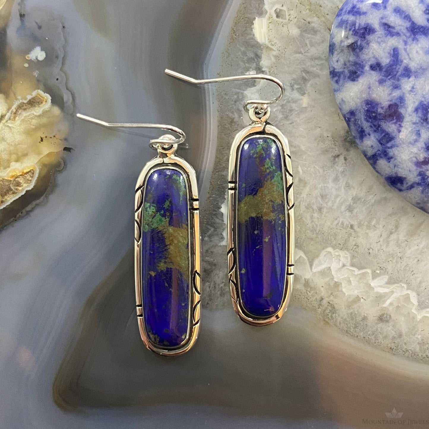Native American Sterling Silver Oval Azurite Malachite Dangle Earrings For Women