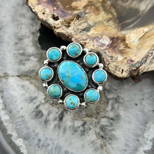Sterling Silver Southwestern Style Mohave Turquoise Cluster Ring Size 7.5 For Women