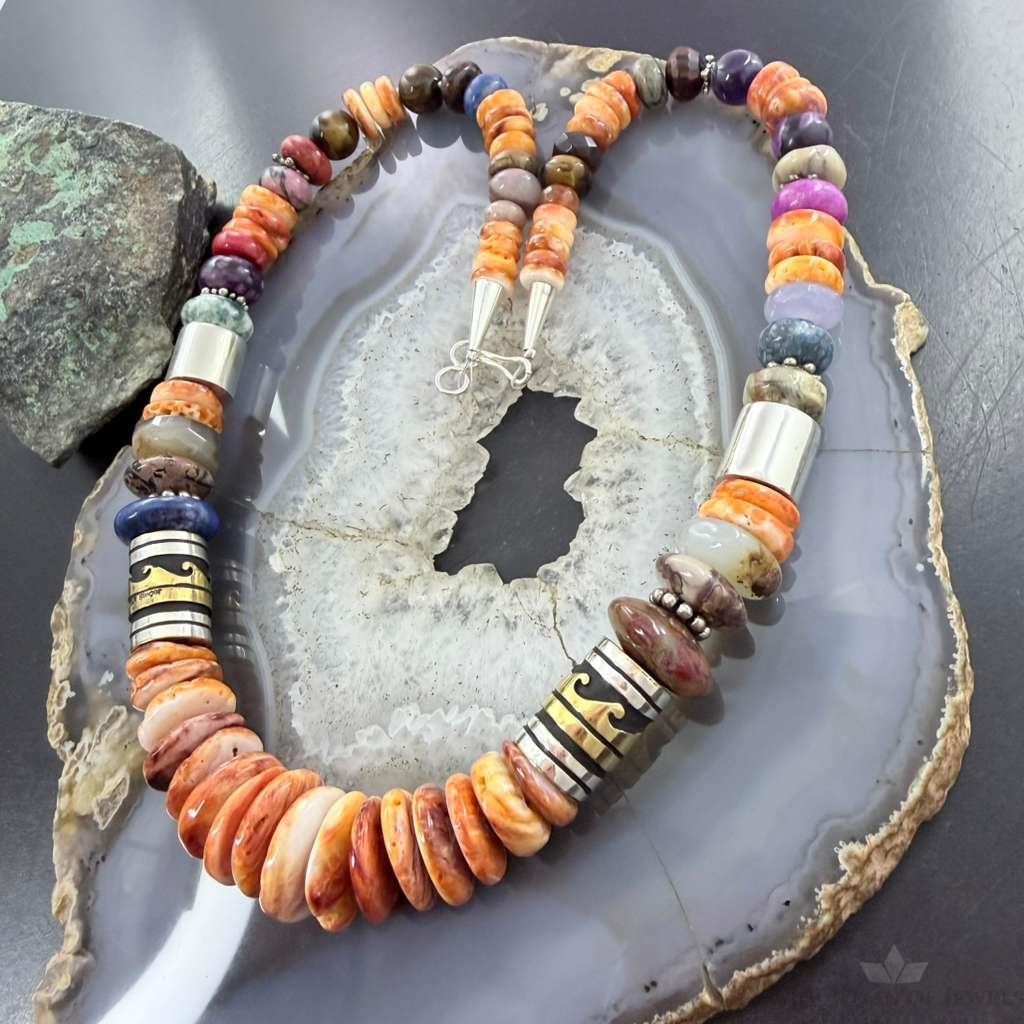 Tommy & Rosita Singer Sterling Silver Spiny Oyster & Multistone Beads 20" Necklace For Women