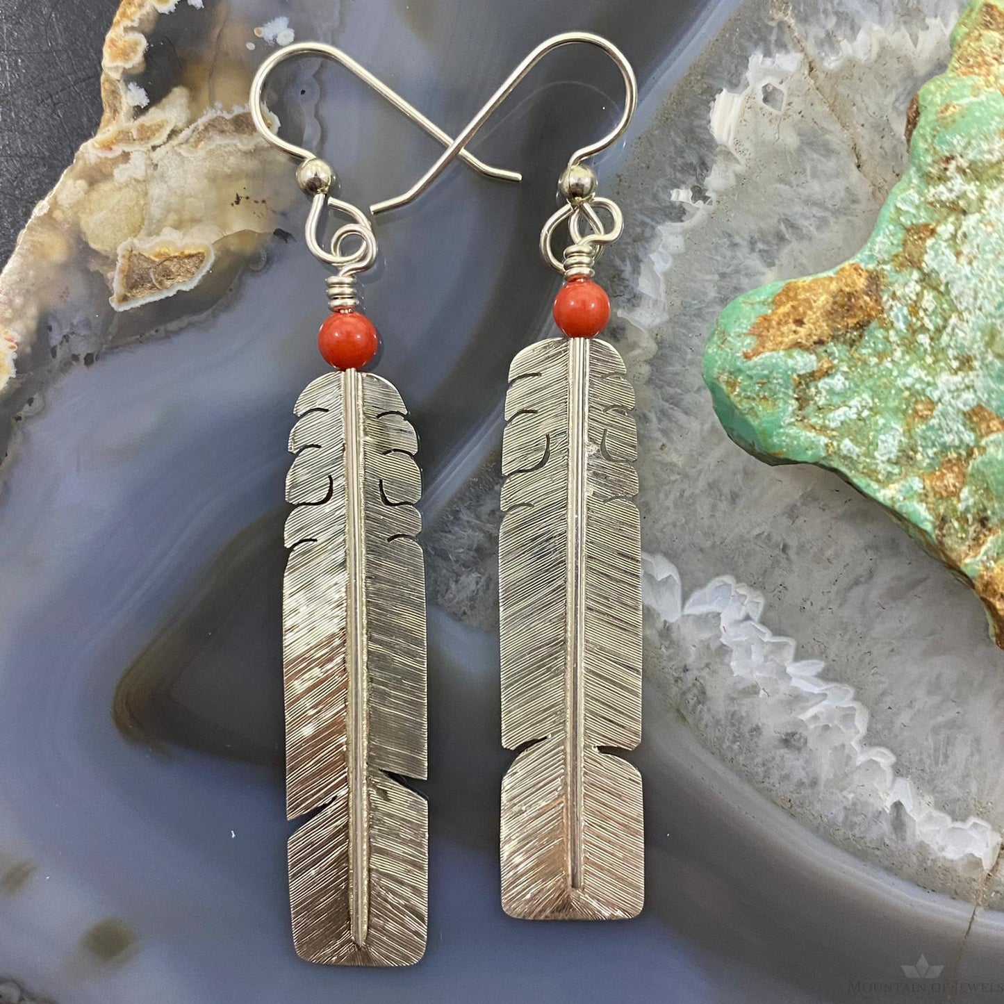 David Kuticka Native American Sterling Silver Feather w/Coral Dangle Earrings #1