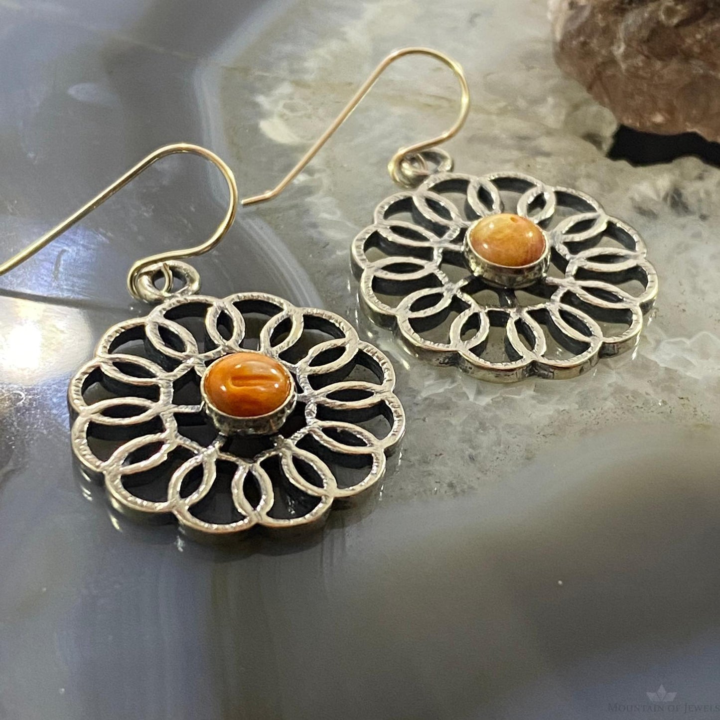 Sterling Silver Round Spiny Oyster Flower Fashion Dangle Earrings For Women