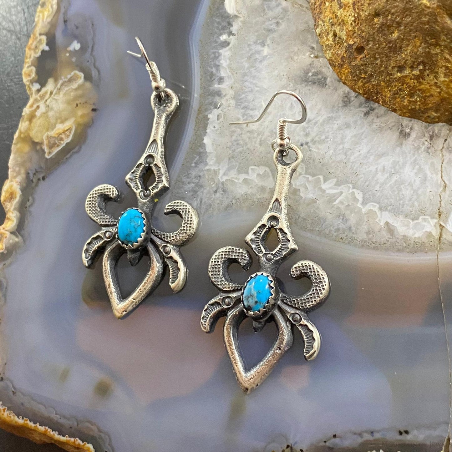 Kevin Billah Sterling Silver Stamped Sand Cast w/Kingman Turquoise Dangle Earrings