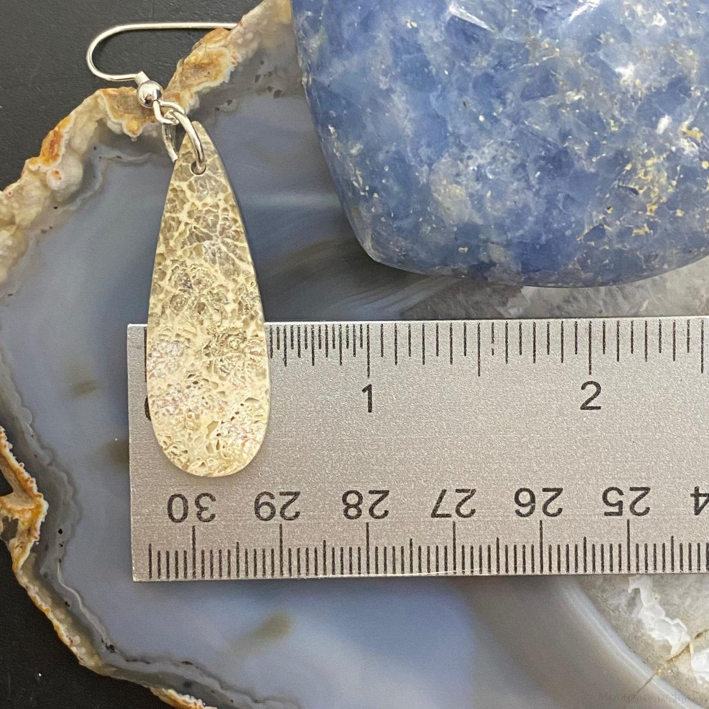 Sterling Silver Teardrop Fossilized Coral Slab Dangle Earrings For Women #067